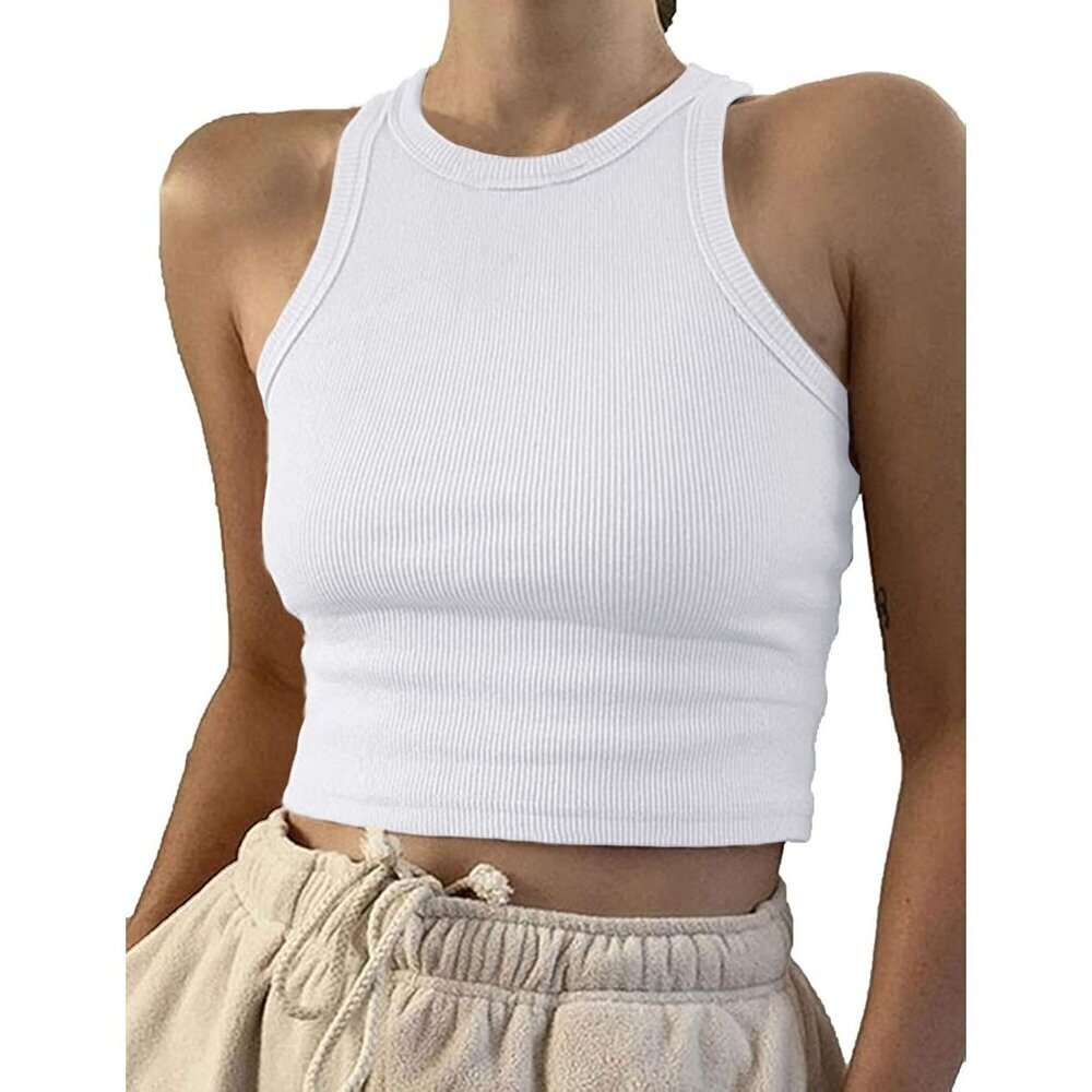 Women Cotton Spandex Crop Tank Top Slim Fit High Neck Casual Workout